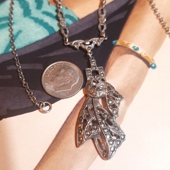 1920s Art Deco Antique Solid Silver Marcasite Necklace - Picture 4 of 7